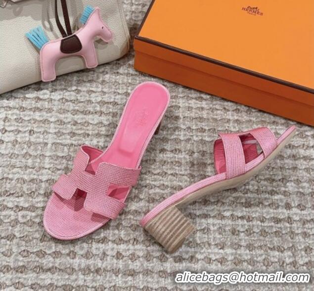 Luxurious Hermes Classic Oasis Heel Slide Sandals 4.5cm in Lizard Embossed Leather Pink 814045