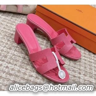 Discount Hermes Classic Oasis Heel Slide Sandals 4.5cm in Lizard Embossed Leather All Fushcia Pink 814047