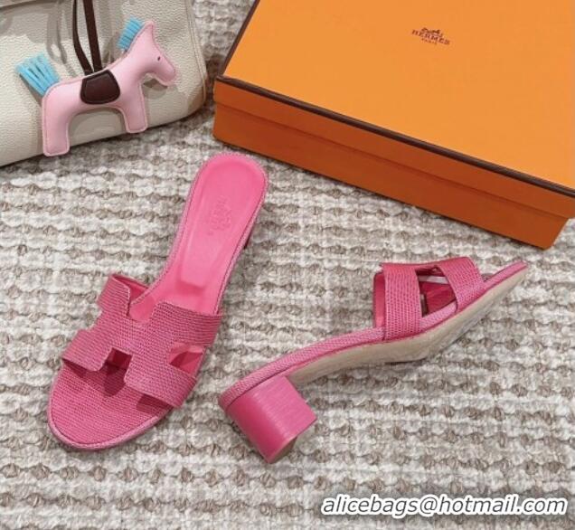 Discount Hermes Classic Oasis Heel Slide Sandals 4.5cm in Lizard Embossed Leather All Fushcia Pink 814047