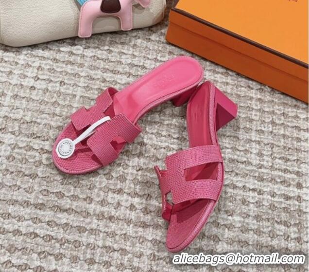 Discount Hermes Classic Oasis Heel Slide Sandals 4.5cm in Lizard Embossed Leather All Fushcia Pink 814047