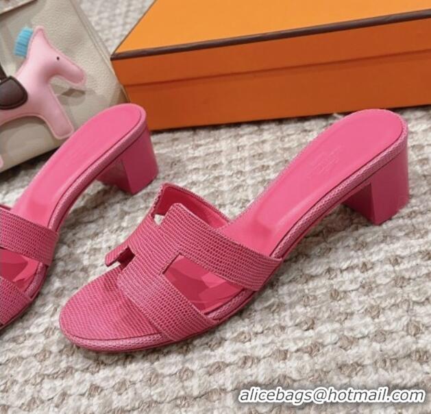 Discount Hermes Classic Oasis Heel Slide Sandals 4.5cm in Lizard Embossed Leather All Fushcia Pink 814047