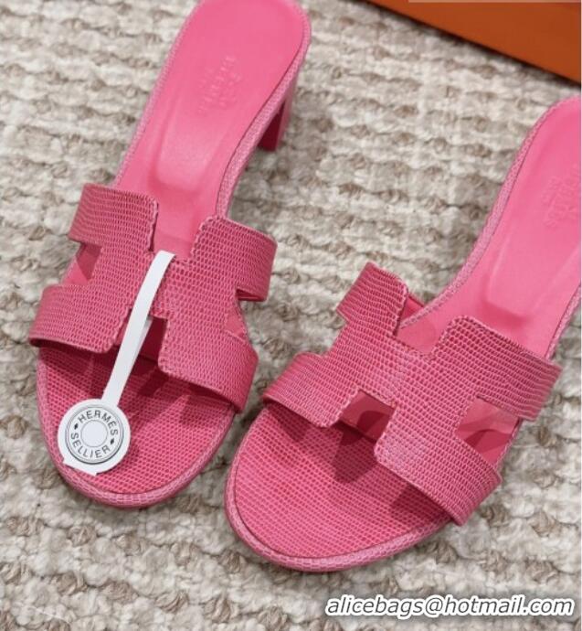 Discount Hermes Classic Oasis Heel Slide Sandals 4.5cm in Lizard Embossed Leather All Fushcia Pink 814047