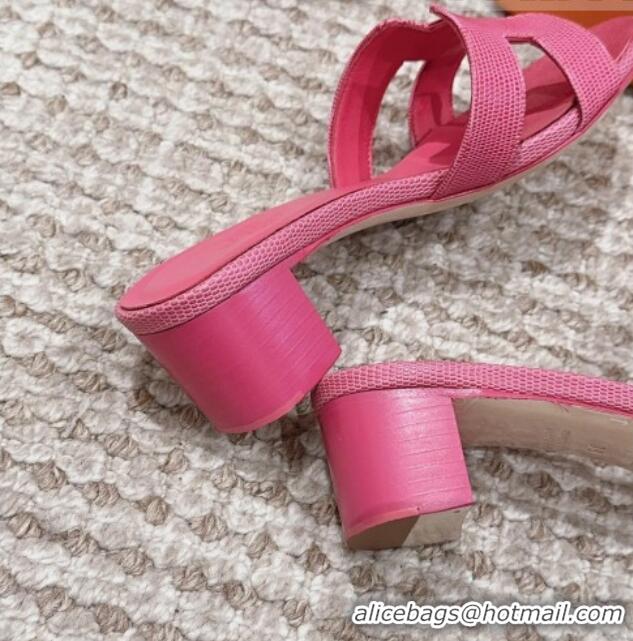 Discount Hermes Classic Oasis Heel Slide Sandals 4.5cm in Lizard Embossed Leather All Fushcia Pink 814047