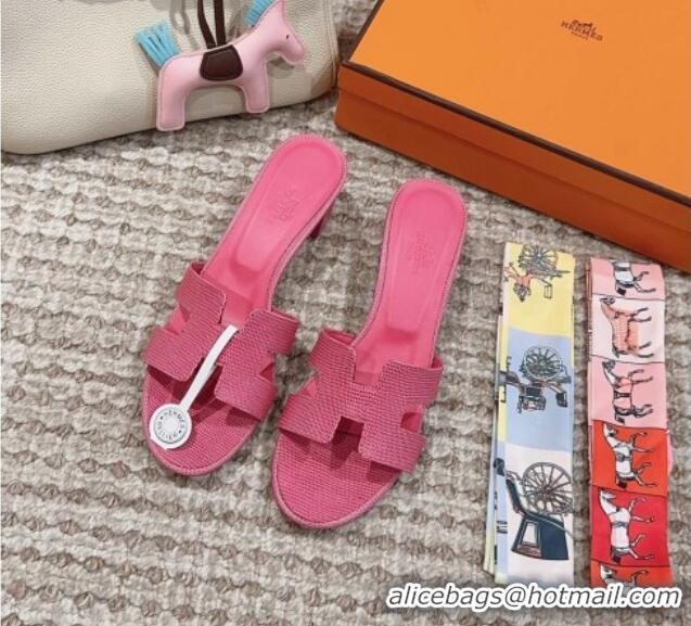 Discount Hermes Classic Oasis Heel Slide Sandals 4.5cm in Lizard Embossed Leather All Fushcia Pink 814047