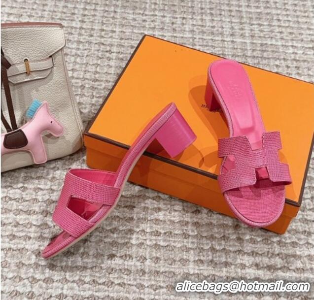 Discount Hermes Classic Oasis Heel Slide Sandals 4.5cm in Lizard Embossed Leather All Fushcia Pink 814047