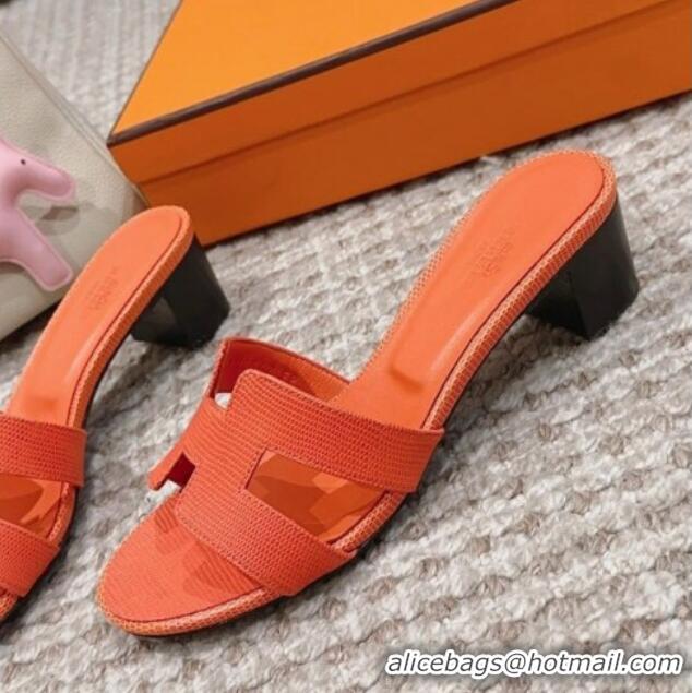 Cheap Price Hermes Classic Oasis Heel Slide Sandals 4.5cm in Lizard Embossed Leather Orange 814048