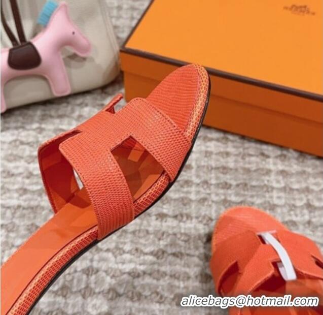 Cheap Price Hermes Classic Oasis Heel Slide Sandals 4.5cm in Lizard Embossed Leather Orange 814048