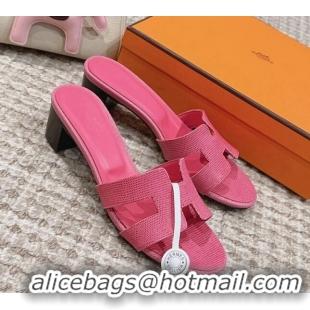 Charming Hermes Classic Oasis Heel Slide Sandals 4.5cm in Lizard Embossed Leather Fushcia Pink 814049