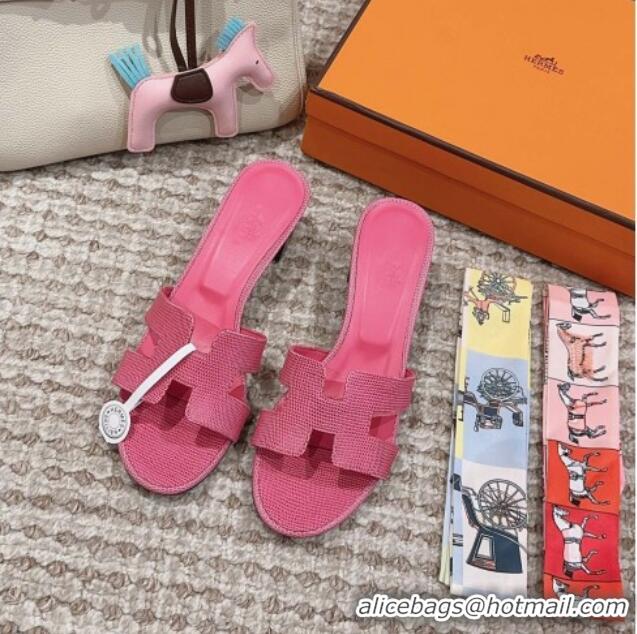 Charming Hermes Classic Oasis Heel Slide Sandals 4.5cm in Lizard Embossed Leather Fushcia Pink 814049