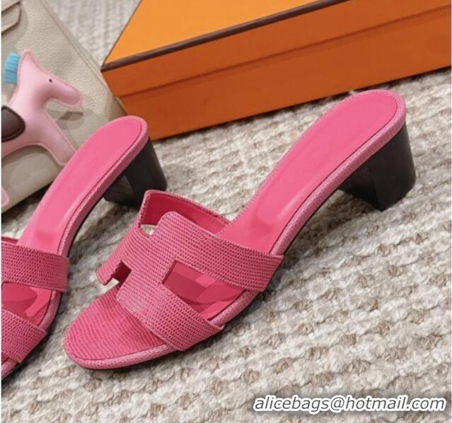 Charming Hermes Classic Oasis Heel Slide Sandals 4.5cm in Lizard Embossed Leather Fushcia Pink 814049