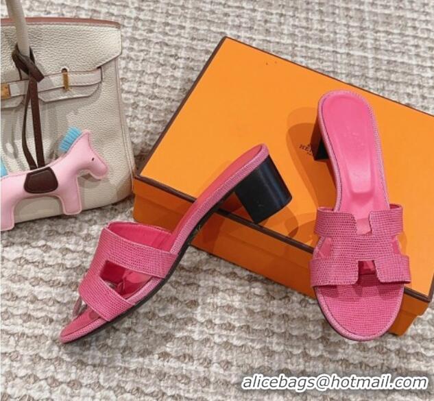 Charming Hermes Classic Oasis Heel Slide Sandals 4.5cm in Lizard Embossed Leather Fushcia Pink 814049