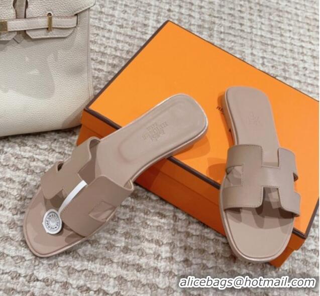 Stylish Hermes Classic Oran Flat Slide Sandals in Swift Calfskin Grey 814050