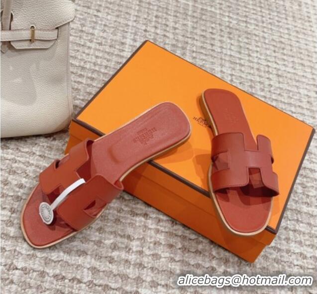 Sumptuous Hermes Classic Oran Flat Slide Sandals in Swift Calfskin Dark Brown 814051