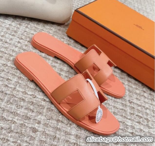 1:1 aaaaa Hermes Classic Oran Flat Slide Sandals in Swift Calfskin Orange Pink 814052