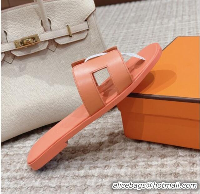 1:1 aaaaa Hermes Classic Oran Flat Slide Sandals in Swift Calfskin Orange Pink 814052