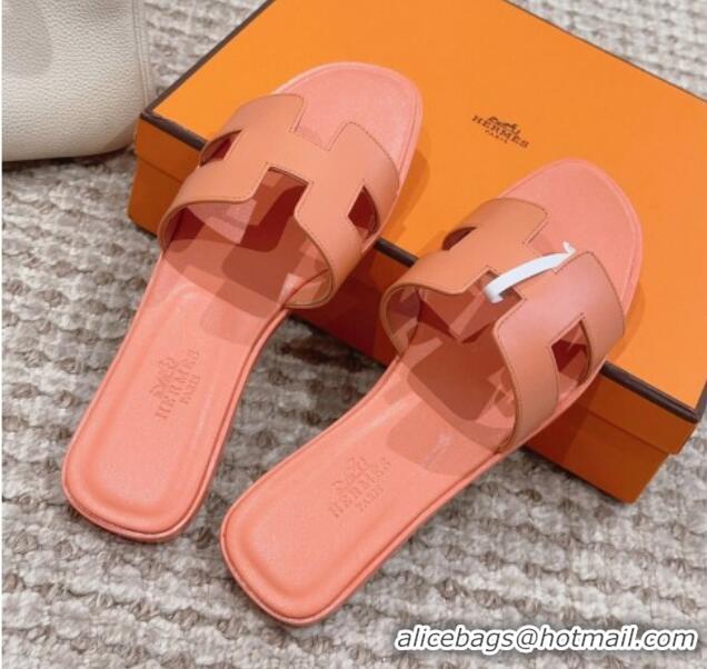 1:1 aaaaa Hermes Classic Oran Flat Slide Sandals in Swift Calfskin Orange Pink 814052