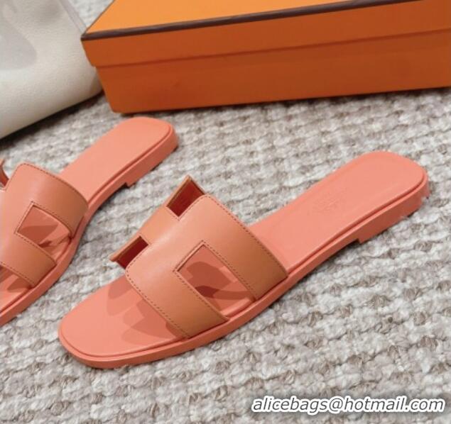 1:1 aaaaa Hermes Classic Oran Flat Slide Sandals in Swift Calfskin Orange Pink 814052