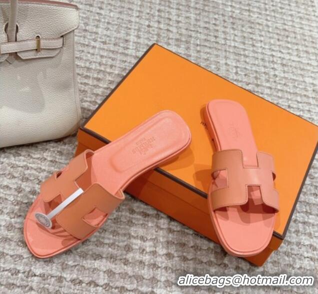 1:1 aaaaa Hermes Classic Oran Flat Slide Sandals in Swift Calfskin Orange Pink 814052