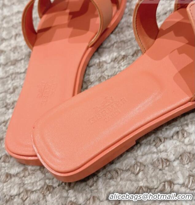 1:1 aaaaa Hermes Classic Oran Flat Slide Sandals in Swift Calfskin Orange Pink 814052