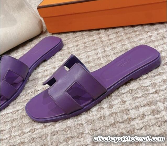 Popular Style Hermes Classic Oran Flat Slide Sandals in Swift Calfskin 814054 Purple