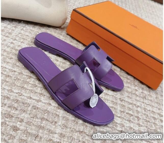 Popular Style Hermes Classic Oran Flat Slide Sandals in Swift Calfskin 814054 Purple