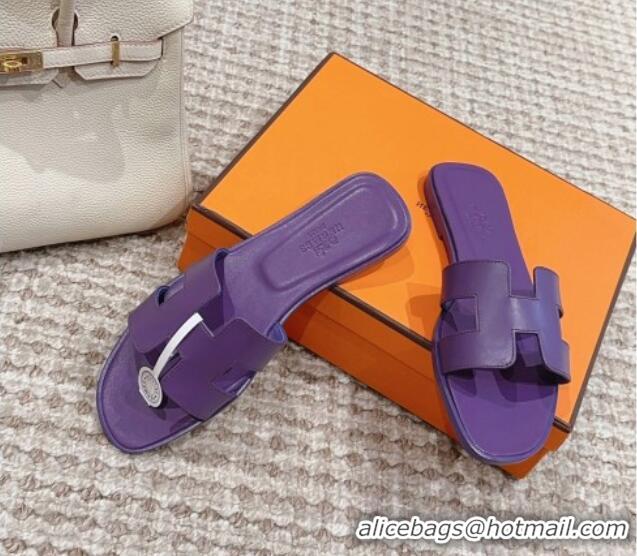 Popular Style Hermes Classic Oran Flat Slide Sandals in Swift Calfskin 814054 Purple