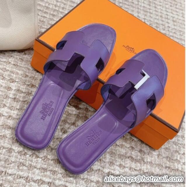 Popular Style Hermes Classic Oran Flat Slide Sandals in Swift Calfskin 814054 Purple