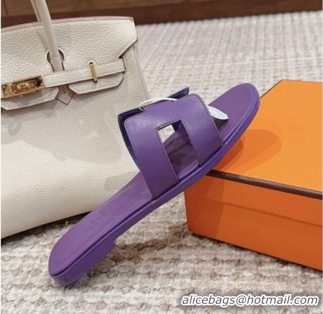 Popular Style Hermes Classic Oran Flat Slide Sandals in Swift Calfskin 814054 Purple