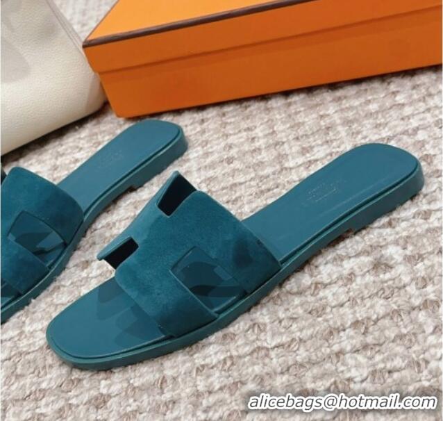 Luxury Cheap Hermes Classic Oran Flat Slide Sandals with Shiny Trim in Suede Peacock Green 814055