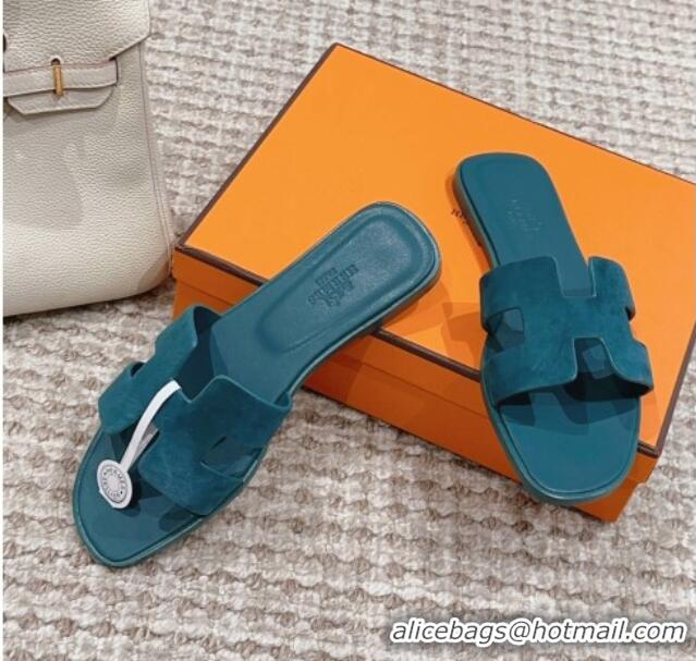 Luxury Cheap Hermes Classic Oran Flat Slide Sandals with Shiny Trim in Suede Peacock Green 814055