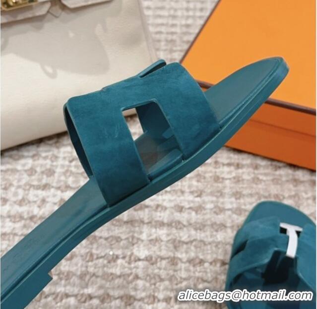 Luxury Cheap Hermes Classic Oran Flat Slide Sandals with Shiny Trim in Suede Peacock Green 814055