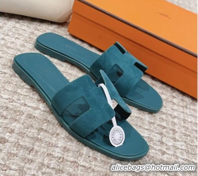 Luxury Cheap Hermes Classic Oran Flat Slide Sandals with Shiny Trim in Suede Peacock Green 814055