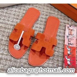 Luxury Hermes Classic Oran Flat Slide Sandals with Shiny Trim in Suede Orange 814056