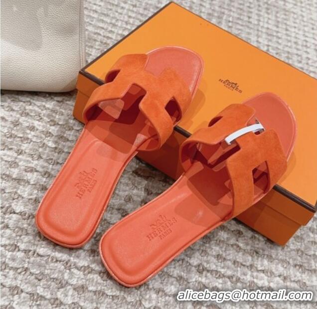 Luxury Hermes Classic Oran Flat Slide Sandals with Shiny Trim in Suede Orange 814056