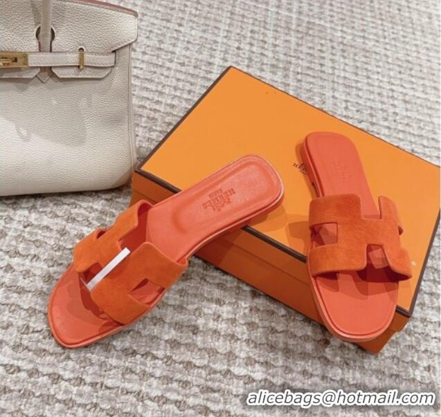 Luxury Hermes Classic Oran Flat Slide Sandals with Shiny Trim in Suede Orange 814056