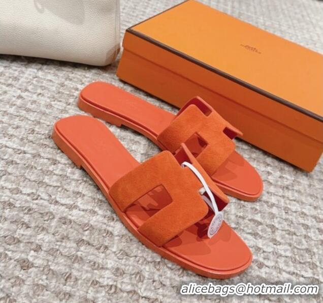 Luxury Hermes Classic Oran Flat Slide Sandals with Shiny Trim in Suede Orange 814056