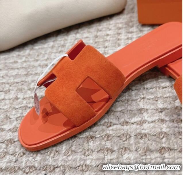 Luxury Hermes Classic Oran Flat Slide Sandals with Shiny Trim in Suede Orange 814056