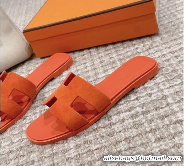 Luxury Hermes Classic Oran Flat Slide Sandals with Shiny Trim in Suede Orange 814056