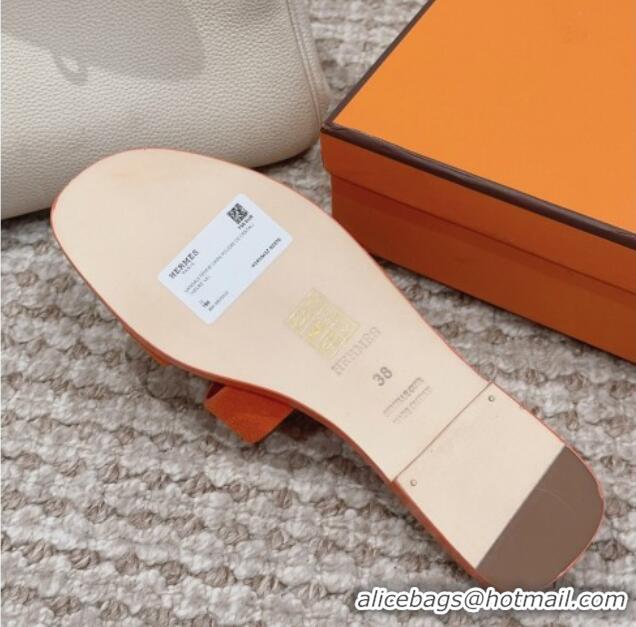 Luxury Hermes Classic Oran Flat Slide Sandals with Shiny Trim in Suede Orange 814056