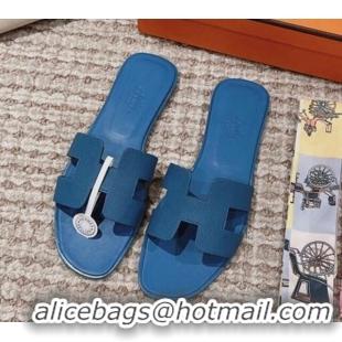 Hot Style Hermes Classic Oran Flat Slide Sandals in Grained Calfskin Blue 814057