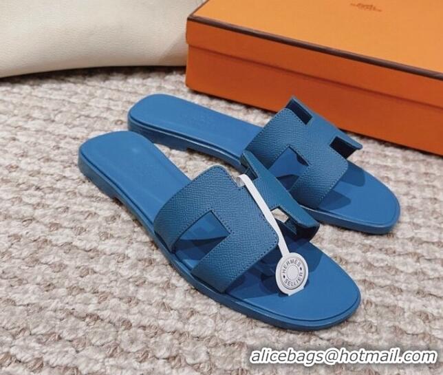 Hot Style Hermes Classic Oran Flat Slide Sandals in Grained Calfskin Blue 814057