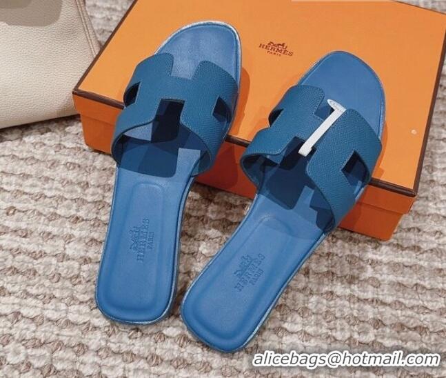 Hot Style Hermes Classic Oran Flat Slide Sandals in Grained Calfskin Blue 814057