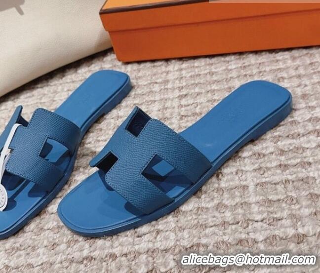 Hot Style Hermes Classic Oran Flat Slide Sandals in Grained Calfskin Blue 814057