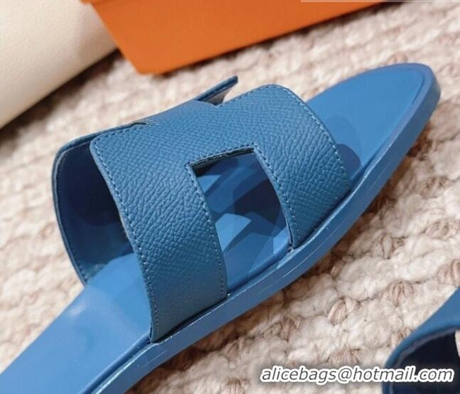 Hot Style Hermes Classic Oran Flat Slide Sandals in Grained Calfskin Blue 814057