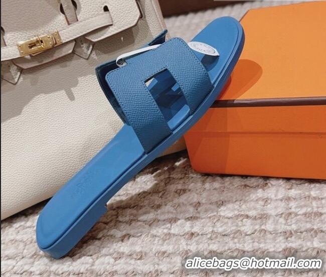 Hot Style Hermes Classic Oran Flat Slide Sandals in Grained Calfskin Blue 814057