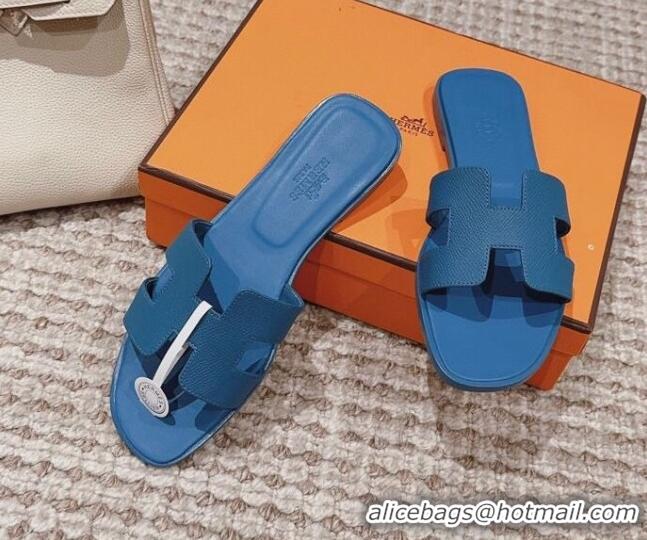 Hot Style Hermes Classic Oran Flat Slide Sandals in Grained Calfskin Blue 814057