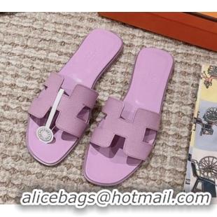 Luxury Hermes Classic Oran Flat Slide Sandals in Grained Calfskin Purple 814058