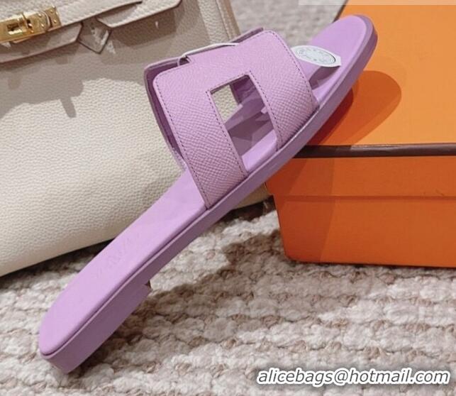 Luxury Hermes Classic Oran Flat Slide Sandals in Grained Calfskin Purple 814058