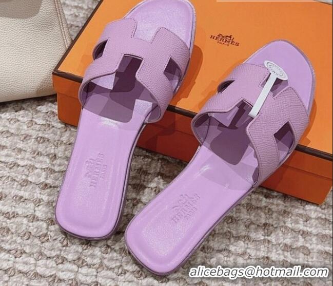 Luxury Hermes Classic Oran Flat Slide Sandals in Grained Calfskin Purple 814058