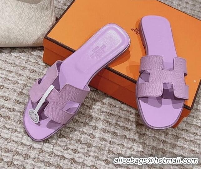 Luxury Hermes Classic Oran Flat Slide Sandals in Grained Calfskin Purple 814058